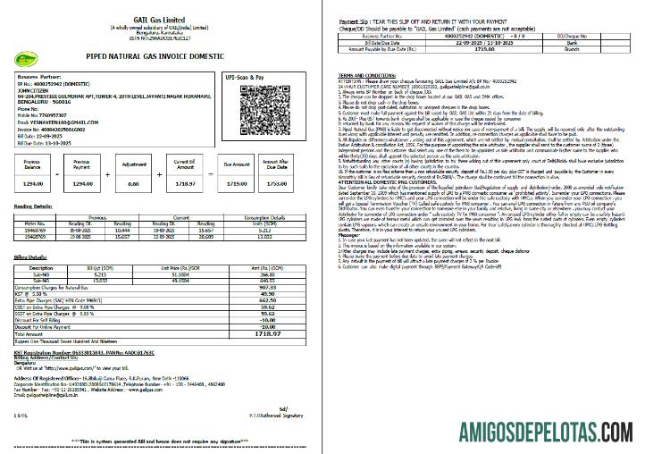 Em branco modelo de conta de serviços públicos da India Gail Gas Limited em formatos Word e PDF, 2 páginas